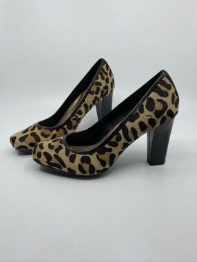 Me Too Leopard Print Block Heel Pumps Heels Calf Hair Square Toe 7.5